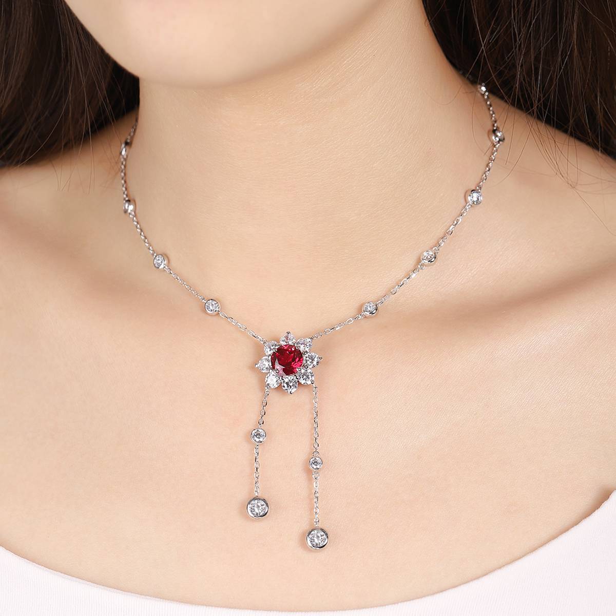 N604款S925银镀18K白金圆形培育彩宝石Necklace9.0mm/3.5ct