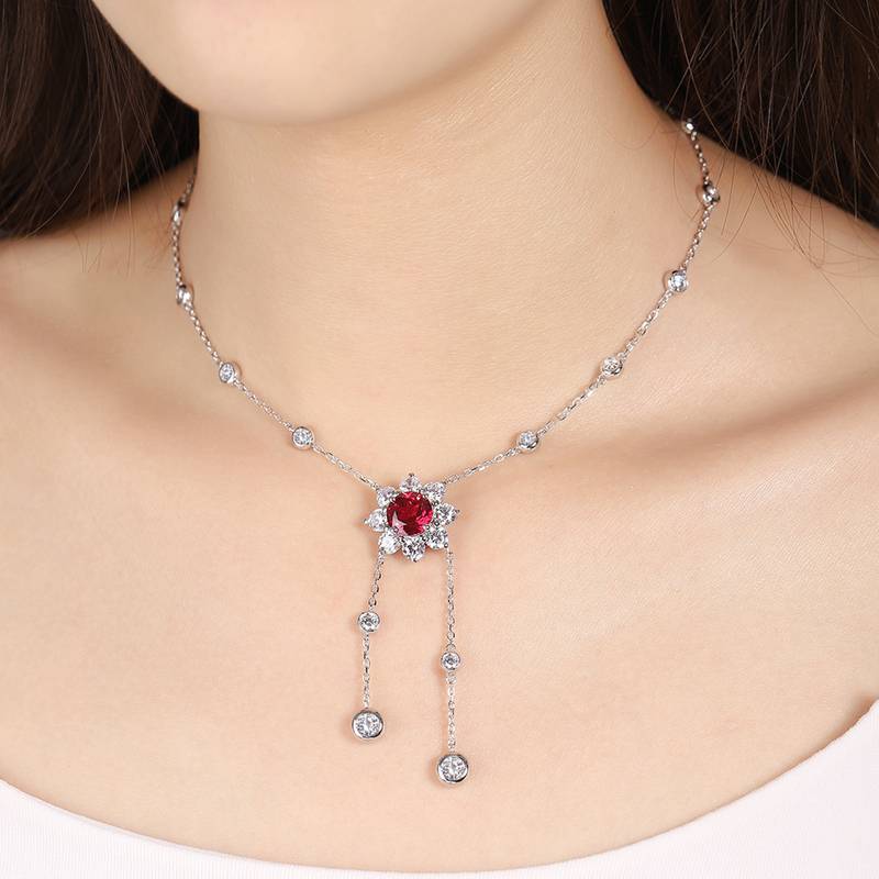 N604款S925银镀18K白金圆形培育彩宝石Necklace9.0mm/3.5ct