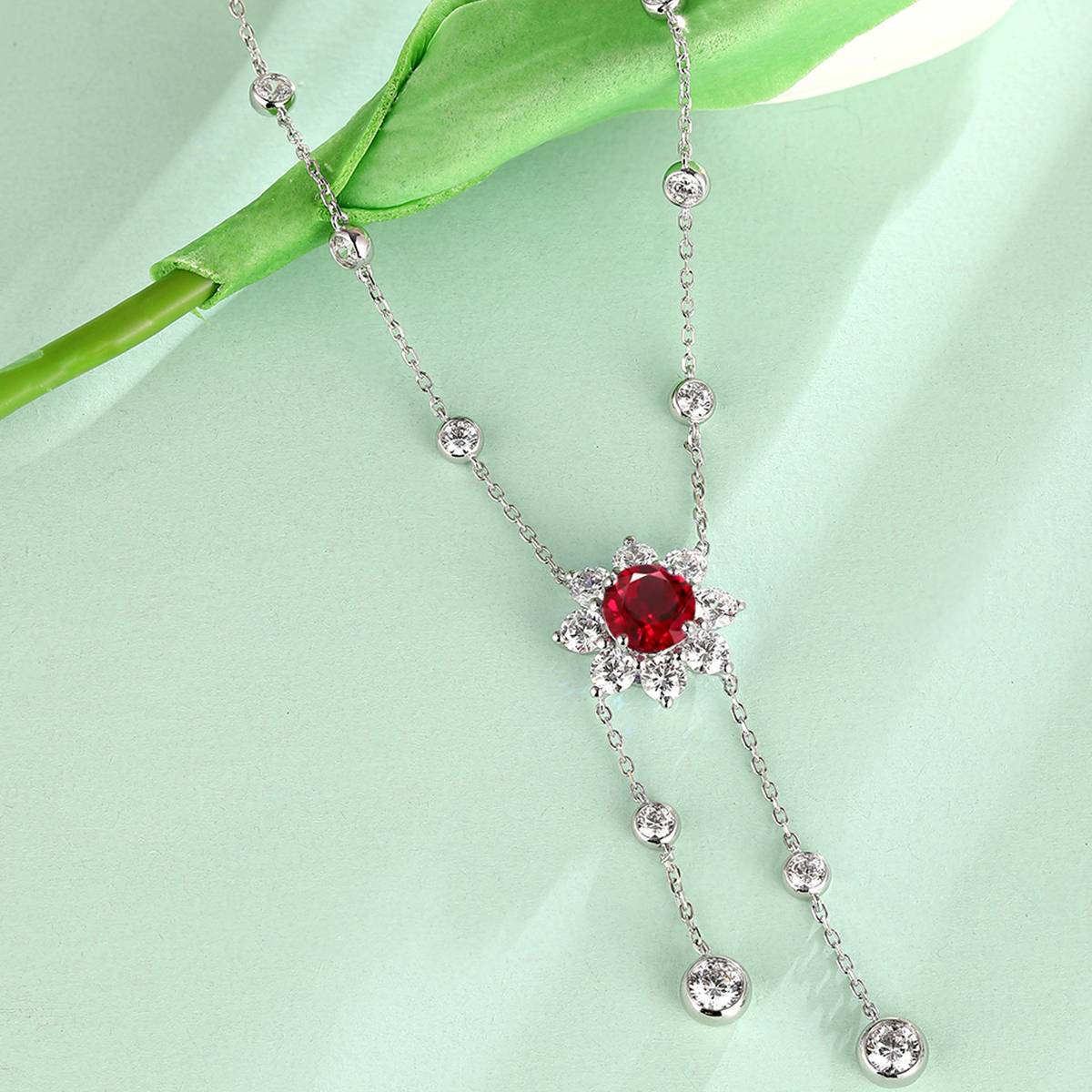 N604款S925银镀18K白金圆形培育彩宝石Necklace9.0mm/3.5ct