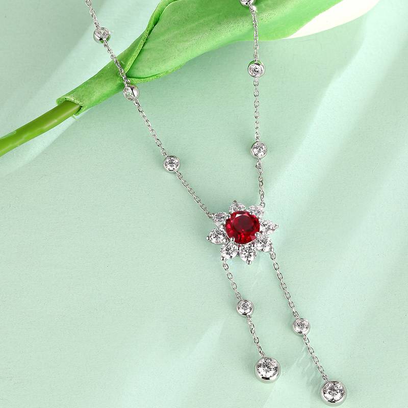 N604款S925银镀18K白金圆形培育彩宝石Necklace9.0mm/3.5ct