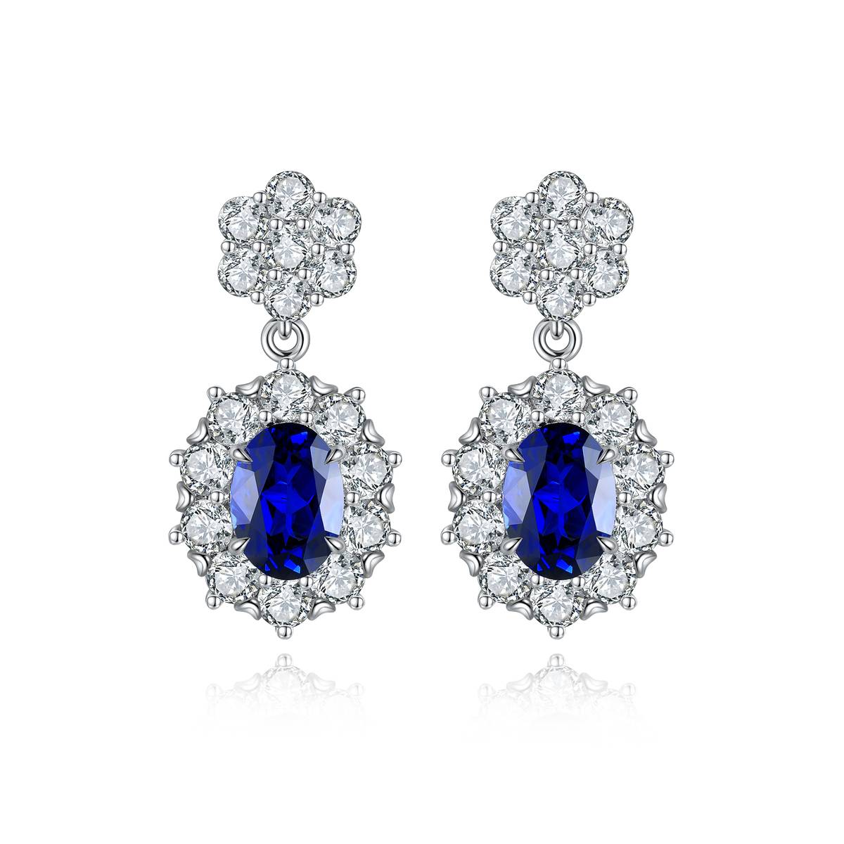 E030款S925银镀18K白金蛋形培育彩宝Stud Earring5*7mmmm/2.32ct