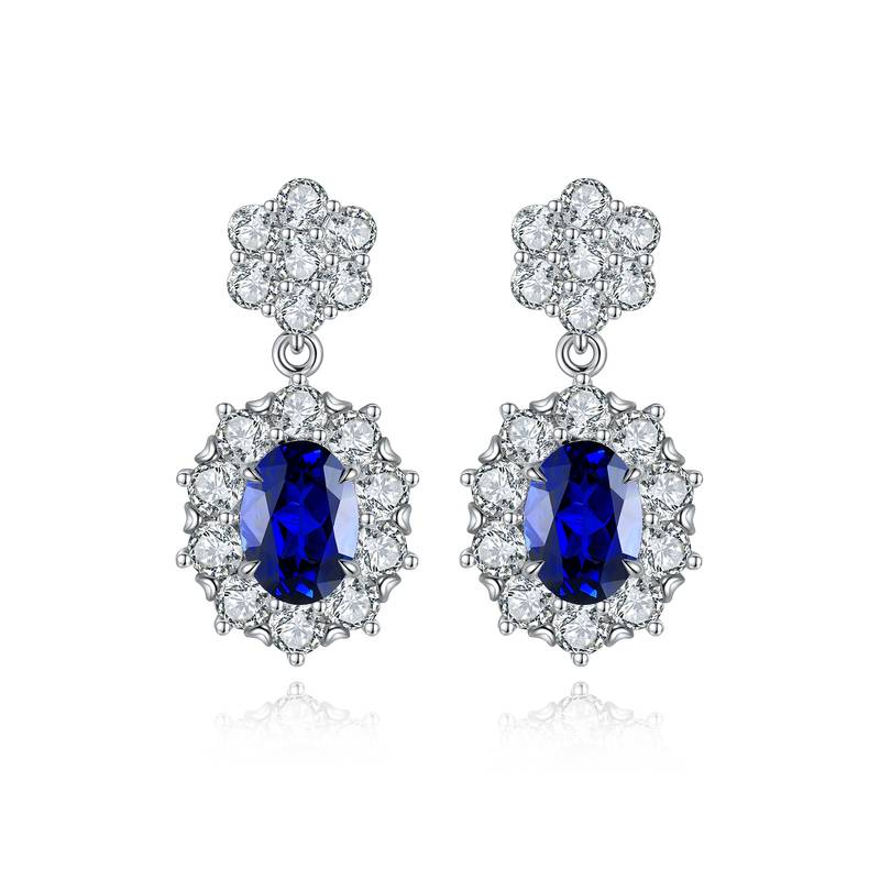 E030款S925银镀18K白金蛋形培育彩宝Stud Earring5*7mmmm/2.32ct