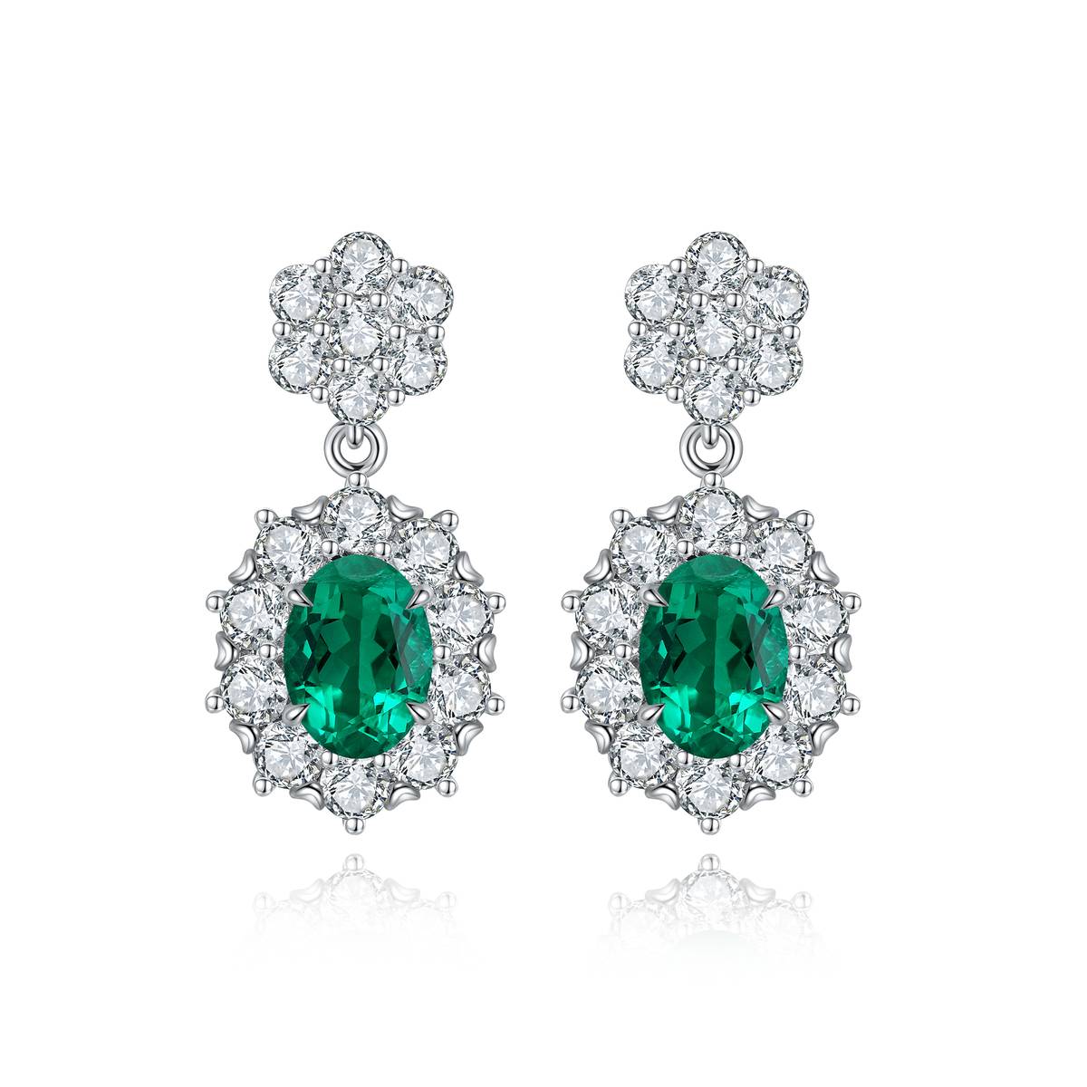 E030款S925银镀18K白金蛋形培育彩宝Stud Earring5*7mmmm/2.32ct