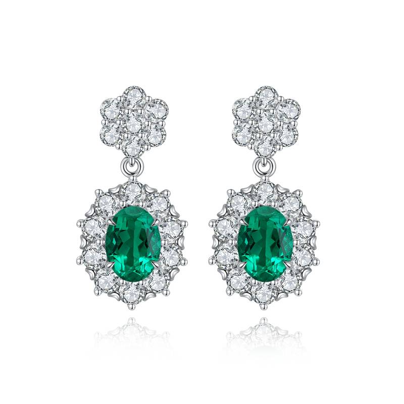 E030款S925银镀18K白金蛋形培育彩宝Stud Earring5*7mmmm/2.32ct