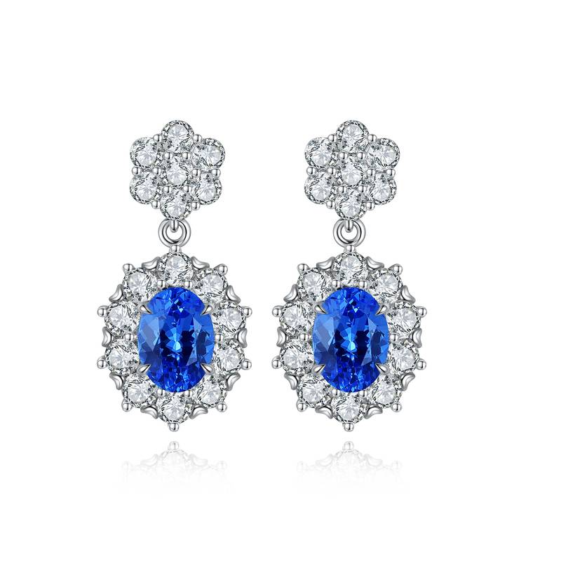 E030款S925银镀18K白金蛋形培育彩宝Stud Earring5*7mmmm/2.32ct