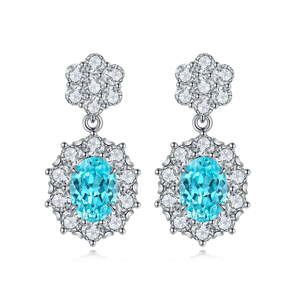 E030款S925银镀18K白金蛋形培育彩宝Stud Earring5*7mmmm/2.32ct