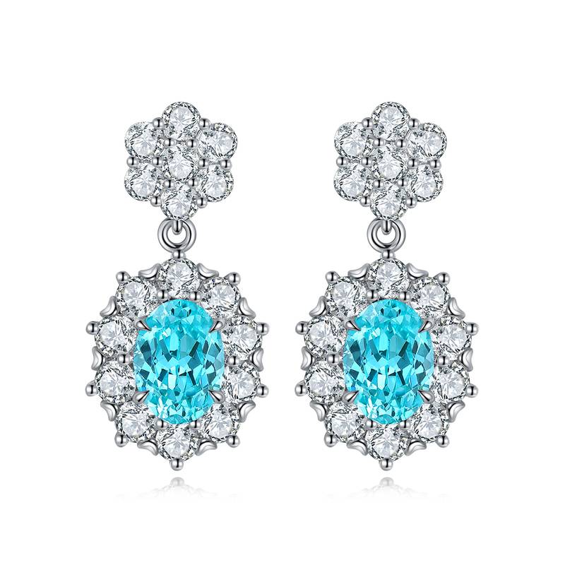 E030款S925银镀18K白金蛋形培育彩宝Stud Earring5*7mmmm/2.32ct