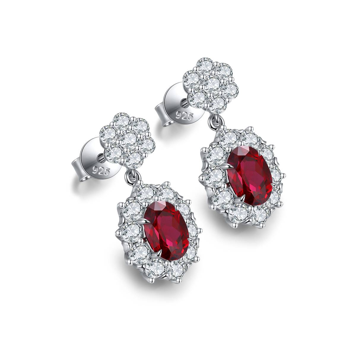 E030款S925银镀18K白金蛋形培育彩宝Stud Earring5*7mmmm/2.32ct