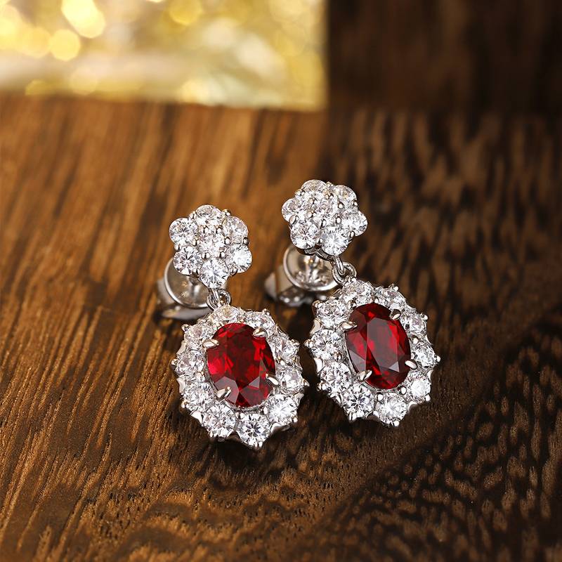 E030款S925银镀18K白金蛋形培育彩宝Stud Earring5*7mmmm/2.32ct