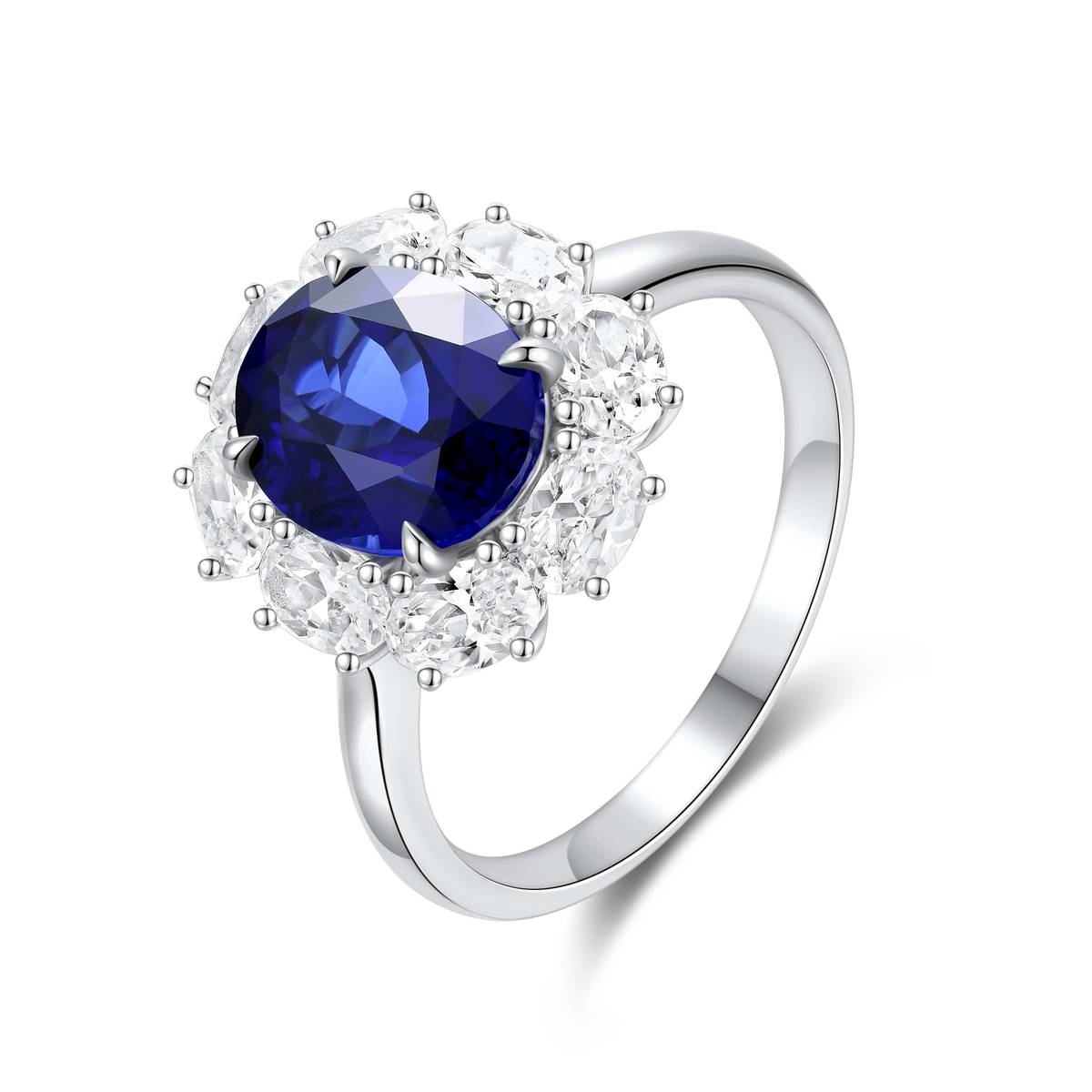 R139款S925银镀18K白金蛋形培育彩宝Ring3.29ct