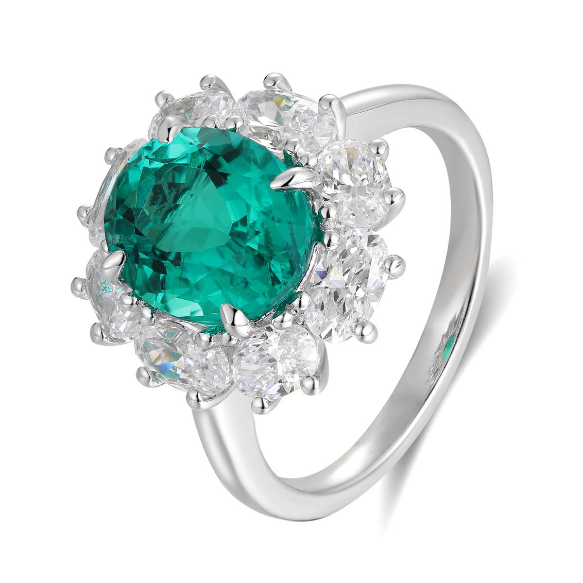 R139款S925银镀18K白金蛋形培育彩宝Ring3.29ct