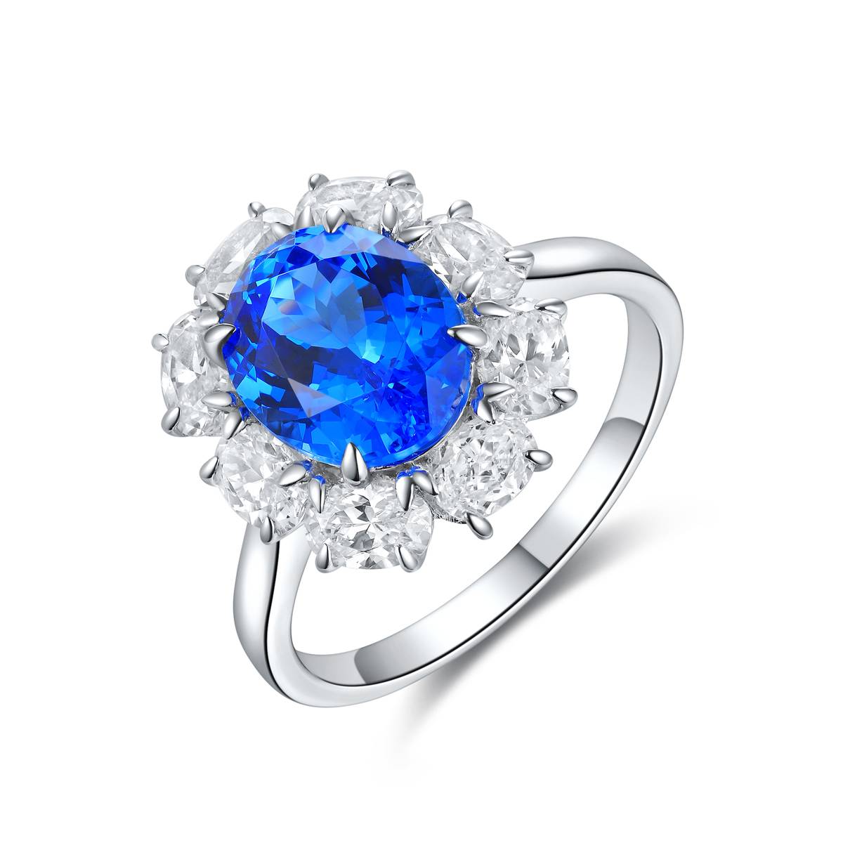 R139款S925银镀18K白金蛋形培育彩宝Ring3.29ct