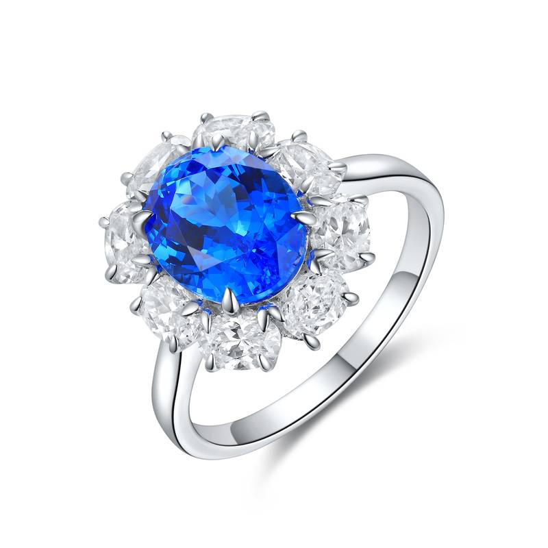 R139款S925银镀18K白金蛋形培育彩宝戒指3.29CT
