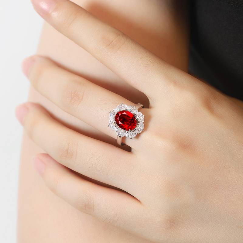 R139款S925银镀18K白金蛋形培育彩宝戒指3.29CT