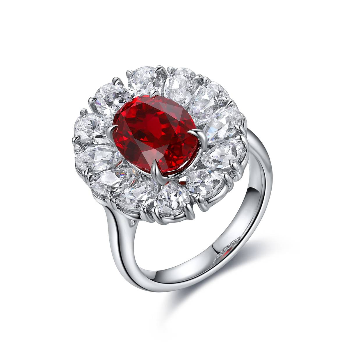 R138款S925银镀18K白金蛋形培育彩宝Ring3.533ct
