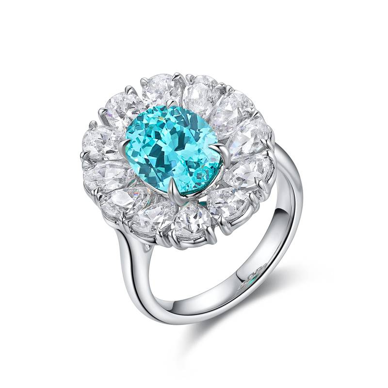 R138款S925银镀18K白金蛋形培育彩宝Ring3.533ct