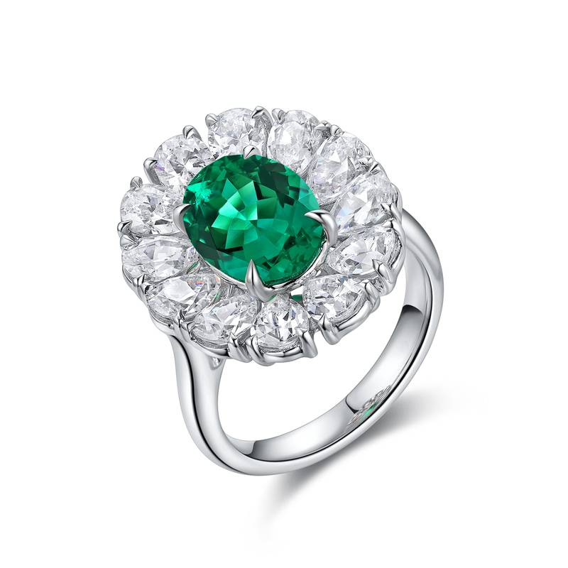 R138款S925银镀18K白金蛋形培育彩宝Ring3.533ct