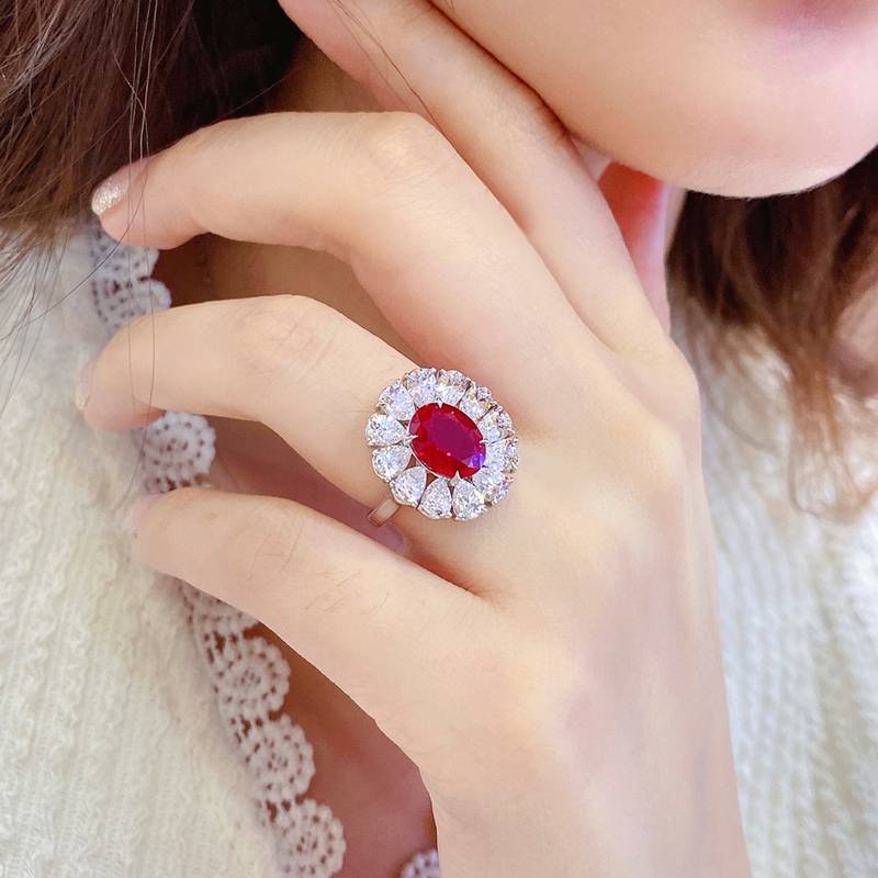 R138款S925银镀18K白金蛋形培育彩宝Ring3.533ct