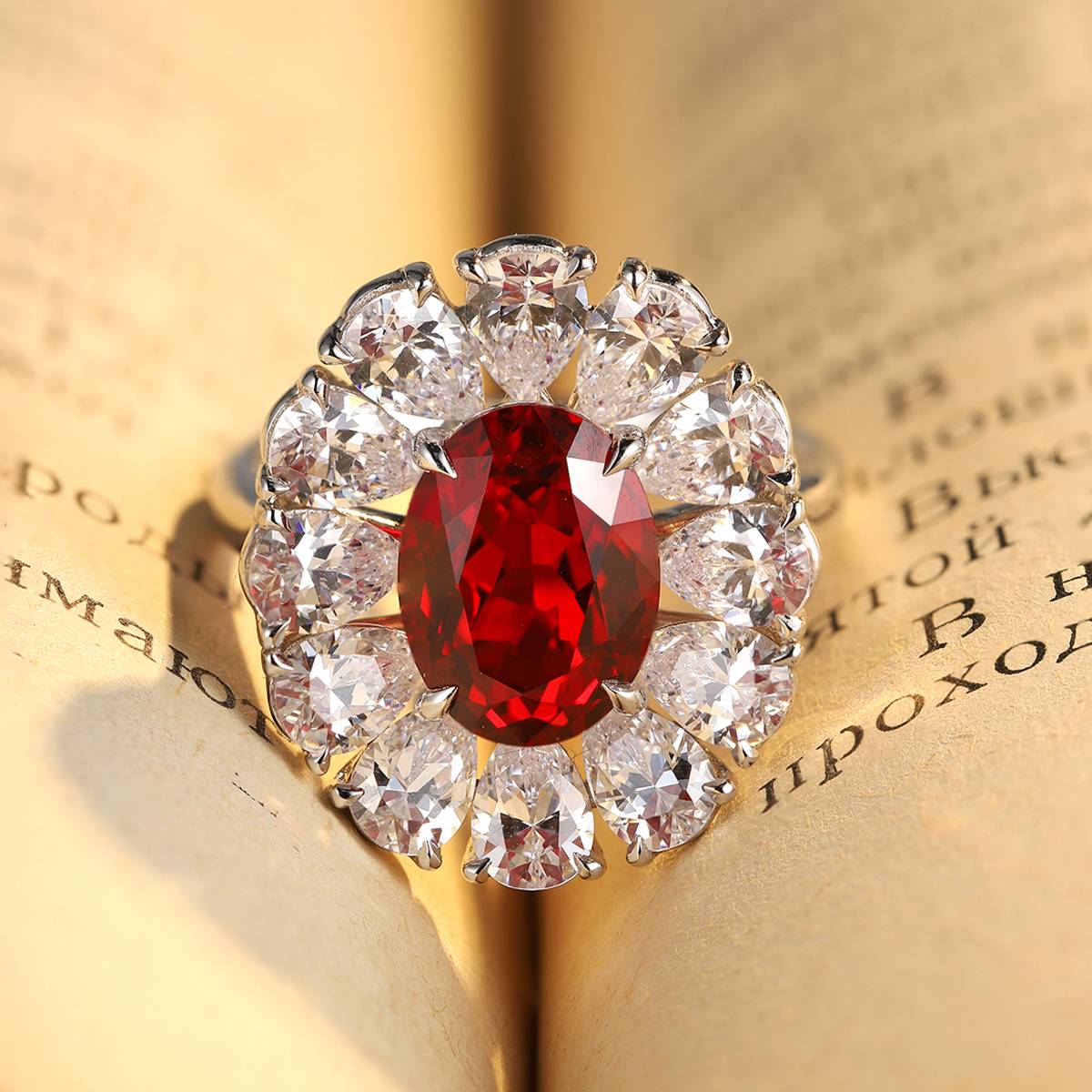R138款S925银镀18K白金蛋形培育彩宝Ring3.533ct