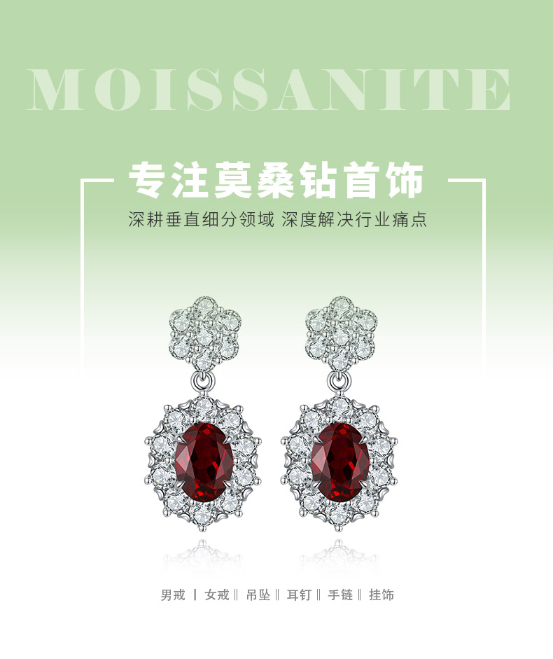 E030款S925银镀18K白金蛋形培育彩宝耳钉5*7mm/2.32ct - 1