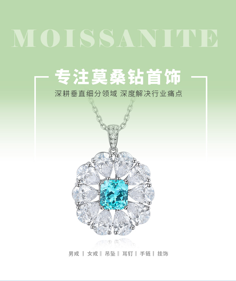 N035款S925银镀18K白金祖母绿切割培育彩宝石项链7*7.5mm/2.2ct - 1