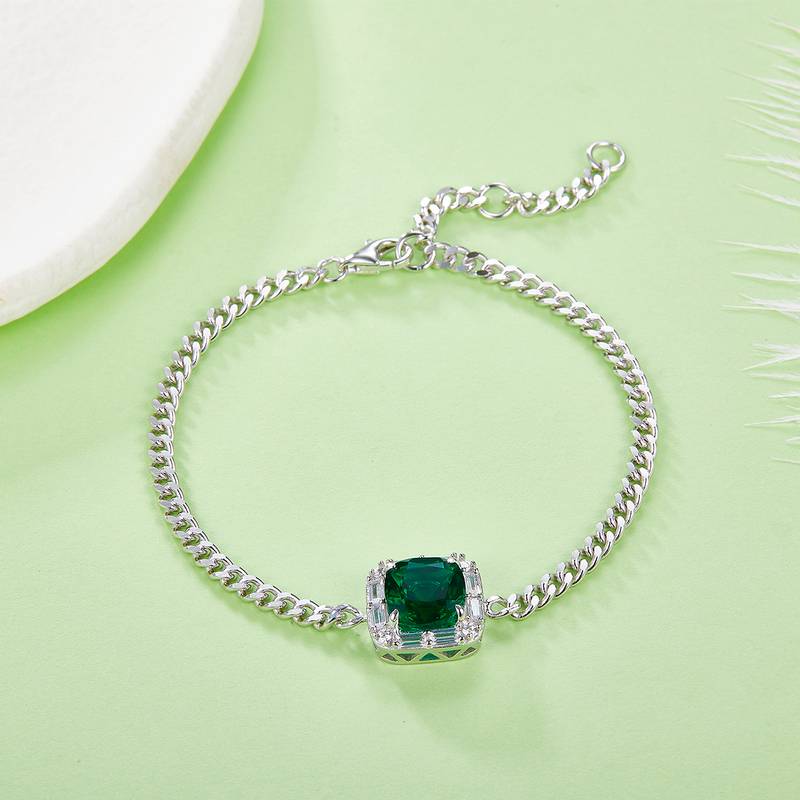 B5522款S925银镀18K白金枕形培育祖母绿Bracelet