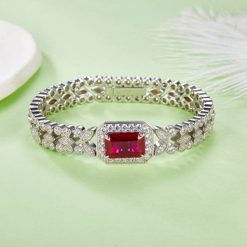 L1386R款S925银镀18K白金培育红宝石Bracelet5.6ct