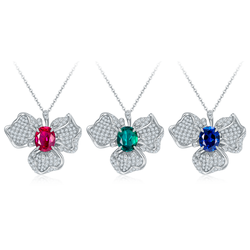 P0757款S925银镀18K白金蛋形培育彩宝Necklace主石10*8mmmm