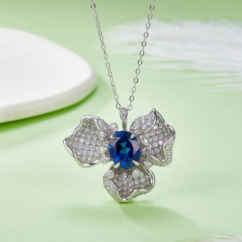 P0757款S925银镀18K白金蛋形培育彩宝Necklace主石10*8mmmm