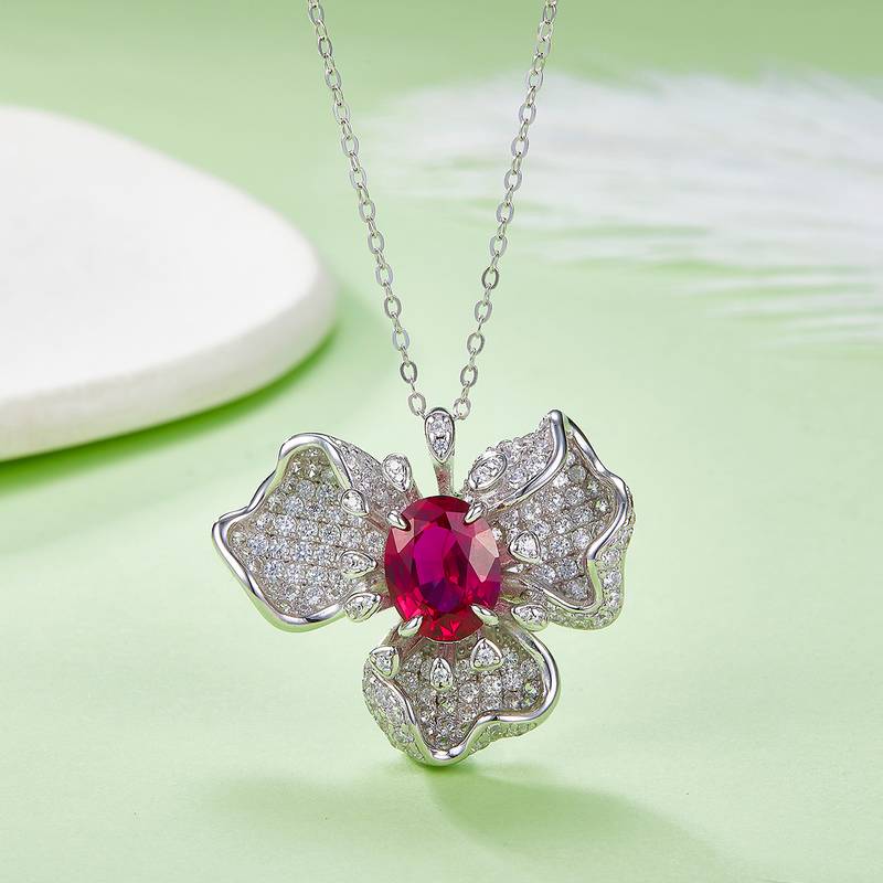 P0757款S925银镀18K白金蛋形培育彩宝Necklace主石10*8mmmm