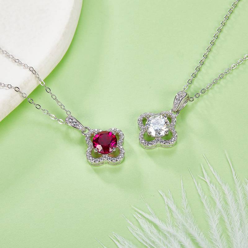 P1192款S925银镀18K白金圆形莫桑钻/ 培育红宝项链1.0CT