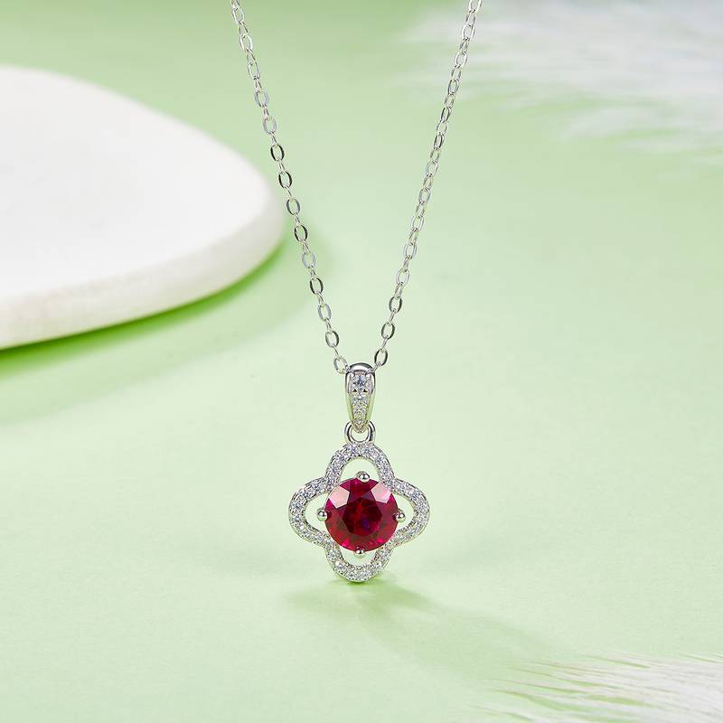 P1192款S925银镀18K白金圆形莫桑钻/ 培育红宝项链1.0CT