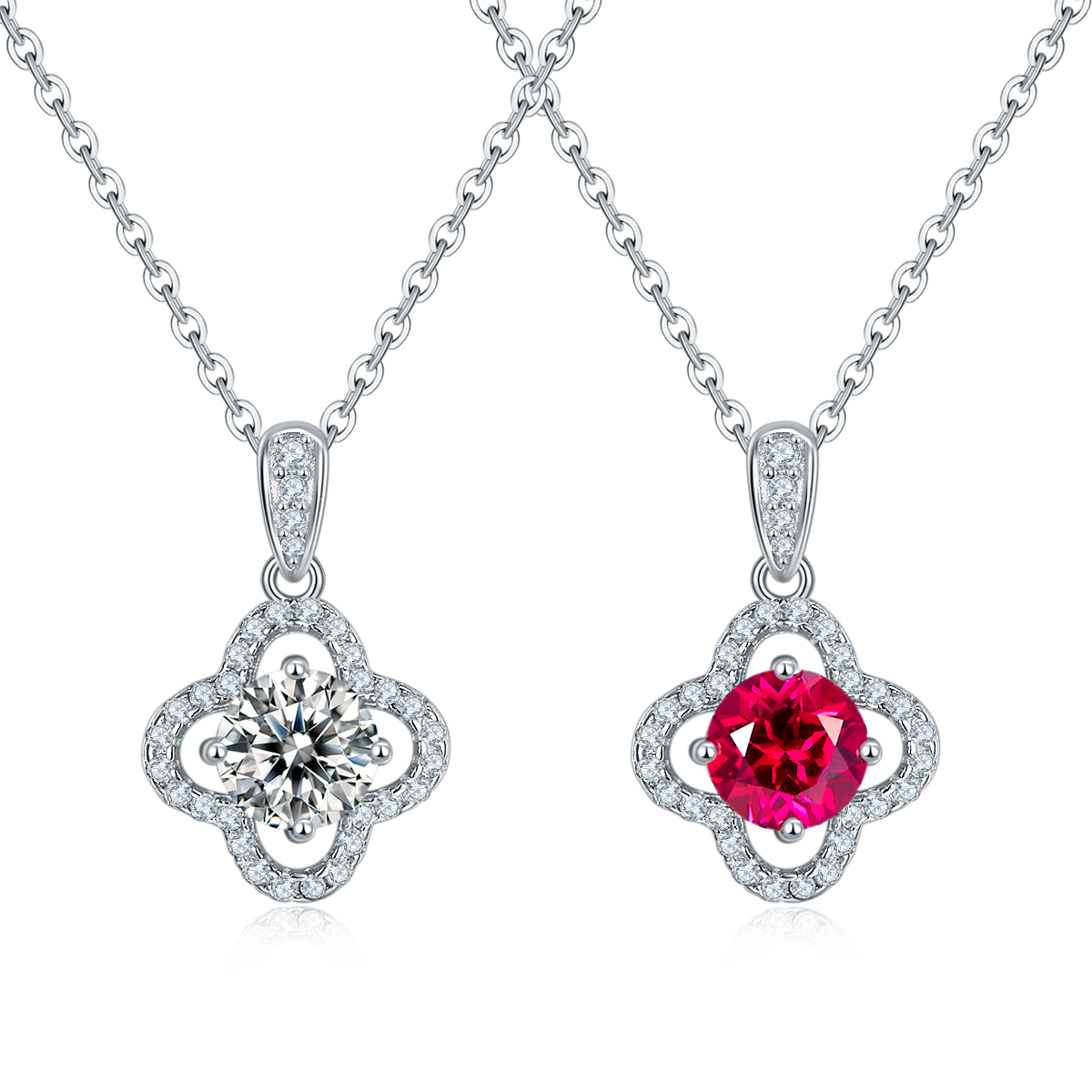 P1192款S925银镀18K白金圆形Moissanite/ 培育红宝Necklace1.0ct