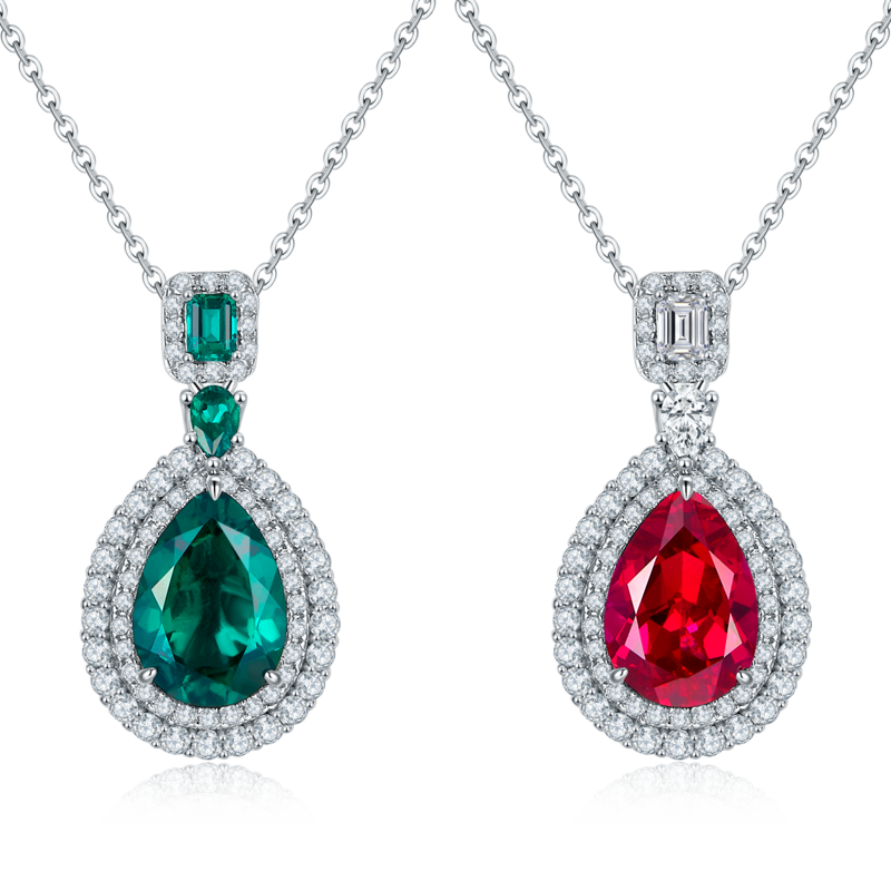 P00406款S925银镀18K白金梨形培育彩宝Necklace3.58ct