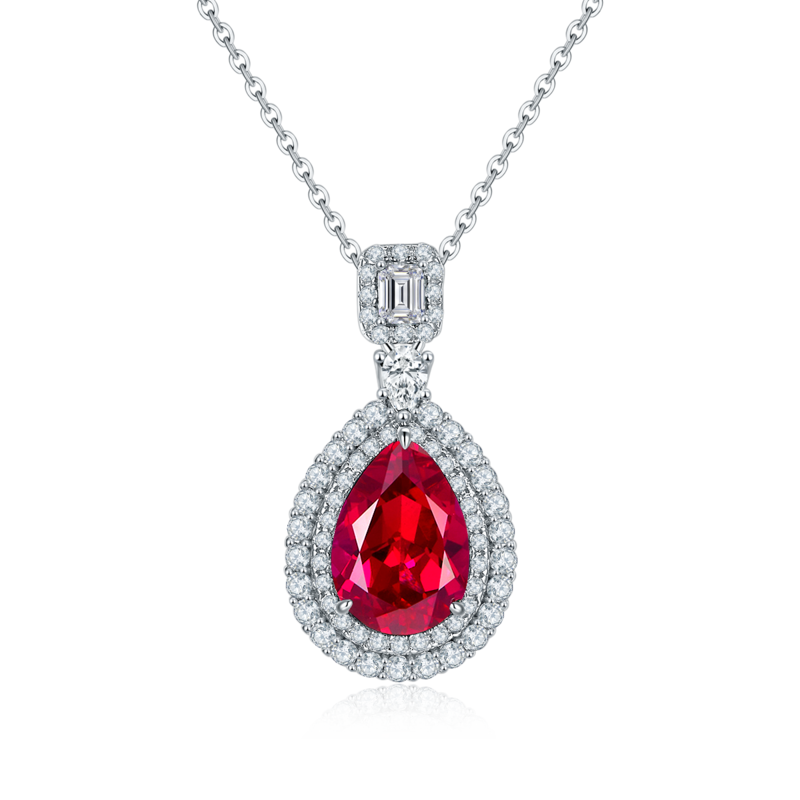 P00406款S925银镀18K白金梨形培育彩宝Necklace3.58ct