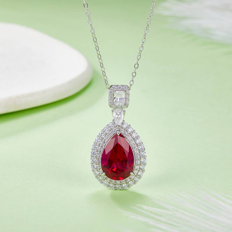 P00406款S925银镀18K白金梨形培育彩宝Necklace3.58ct