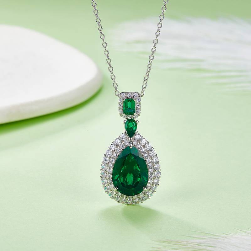 P00406款S925银镀18K白金梨形培育彩宝Necklace3.58ct
