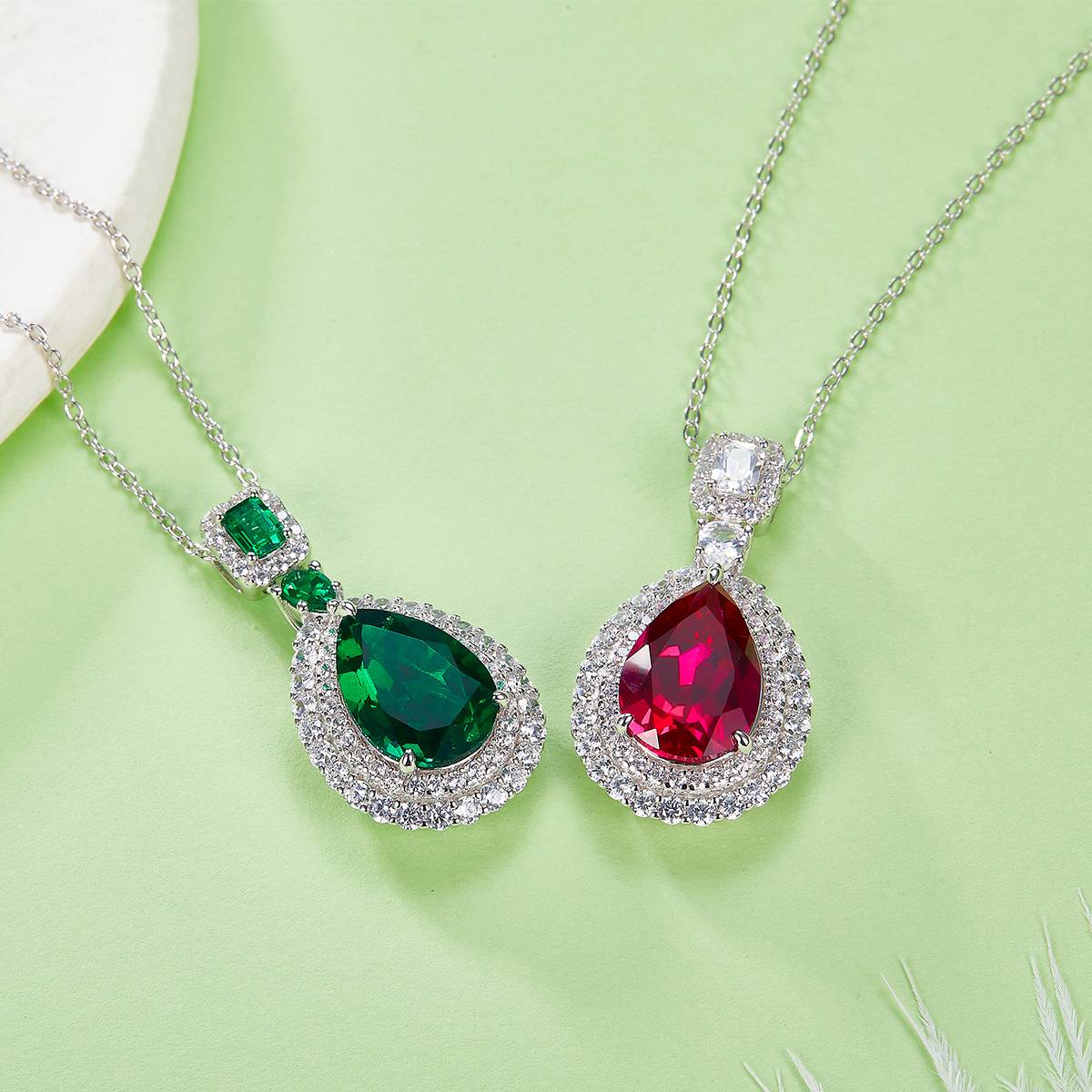 P00406款S925银镀18K白金梨形培育彩宝Necklace3.58ct