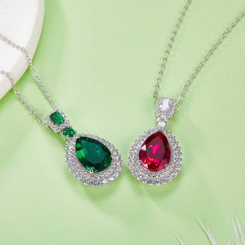 P00406款S925银镀18K白金梨形培育彩宝Necklace3.58ct