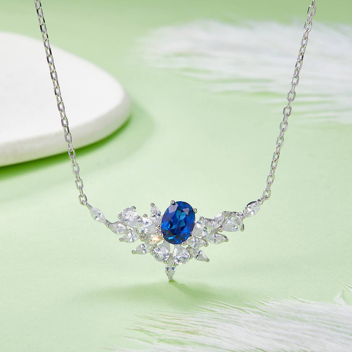 P1474款925银镀18K白金蛋形培育彩宝Necklace主石8*6mmmm/1.6ct