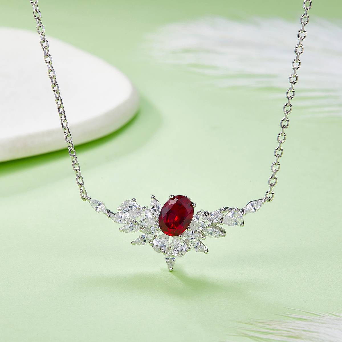 P1474款925银镀18K白金蛋形培育彩宝Necklace主石8*6mmmm/1.6ct