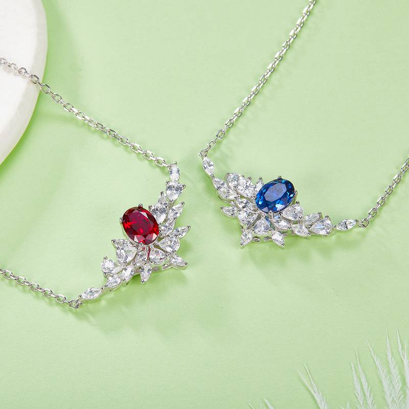P1474款925银镀18K白金蛋形培育彩宝项链主石8*6mm/1.6ct