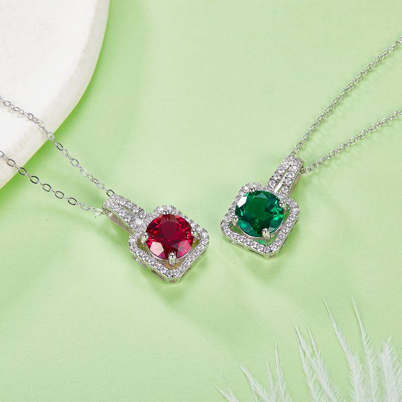 P1730款925银镀18K白金圆形培育彩宝Pendant2.0ct