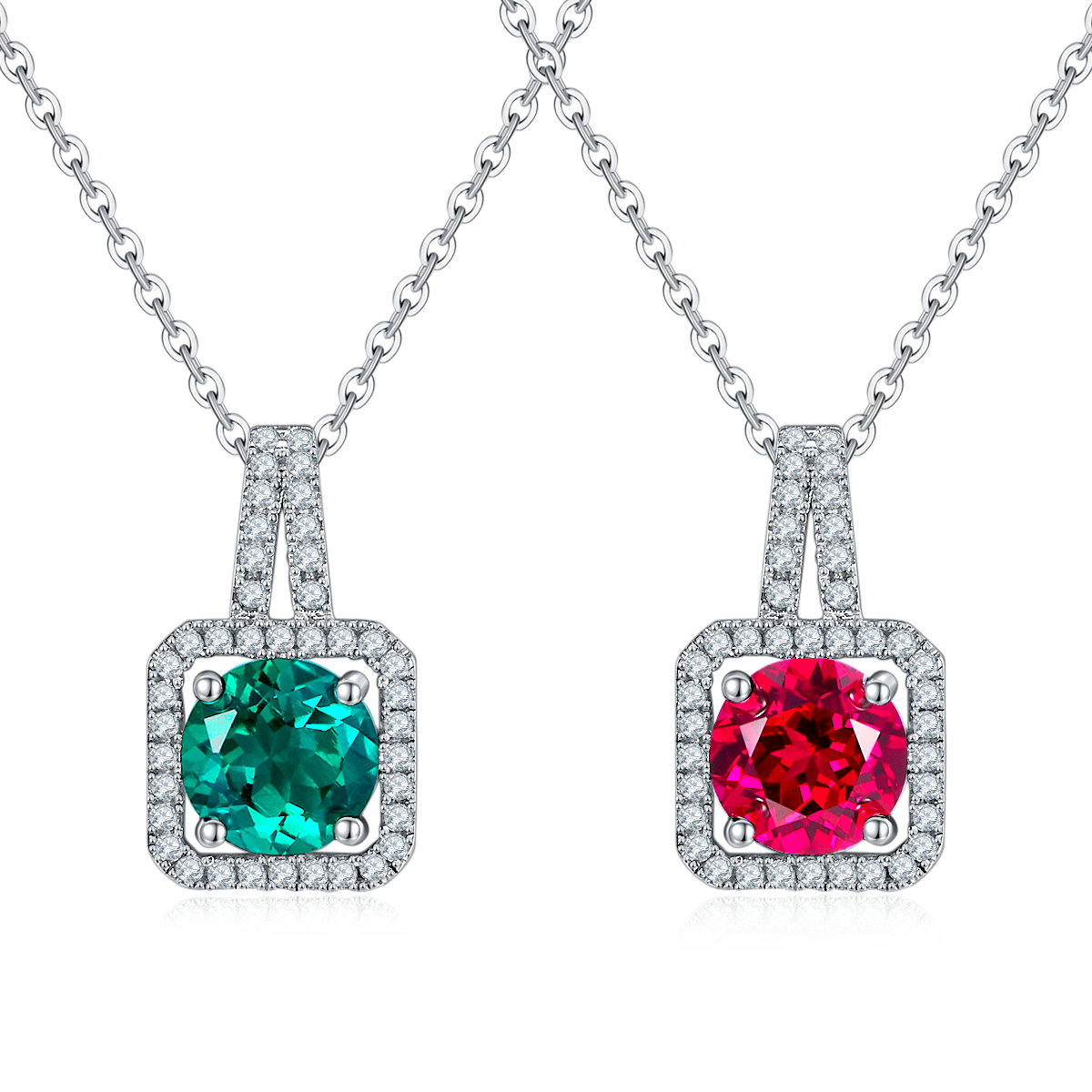 P1730款925银镀18K白金圆形培育彩宝吊坠2.0ct