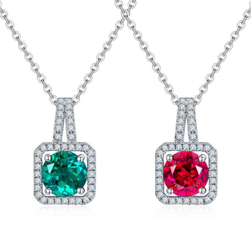 P1730款925银镀18K白金圆形培育彩宝Pendant2.0ct