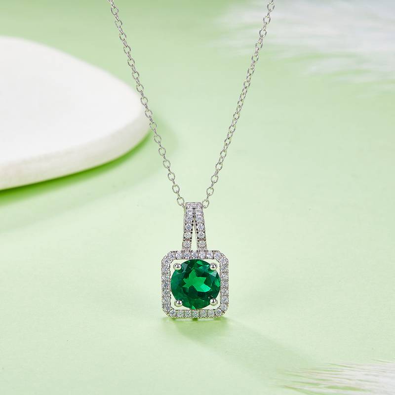 P1730款925银镀18K白金圆形培育彩宝Pendant2.0ct