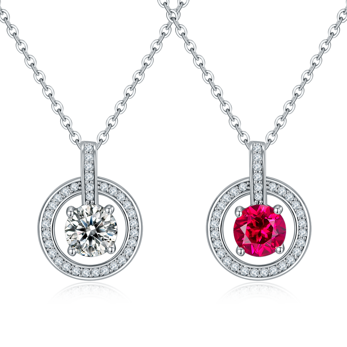 P1750款925银镀18K白金圆形Moissanite / 培育红宝Necklace1.0ct