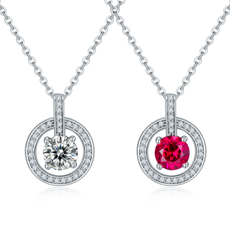 P1750款925银镀18K白金圆形Moissanite / 培育红宝Necklace1.0ct