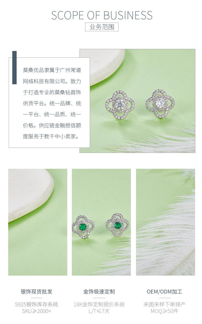 E0002款925银镀18K白金圆形祖母绿 / 莫桑钻四叶草耳钉 - 3