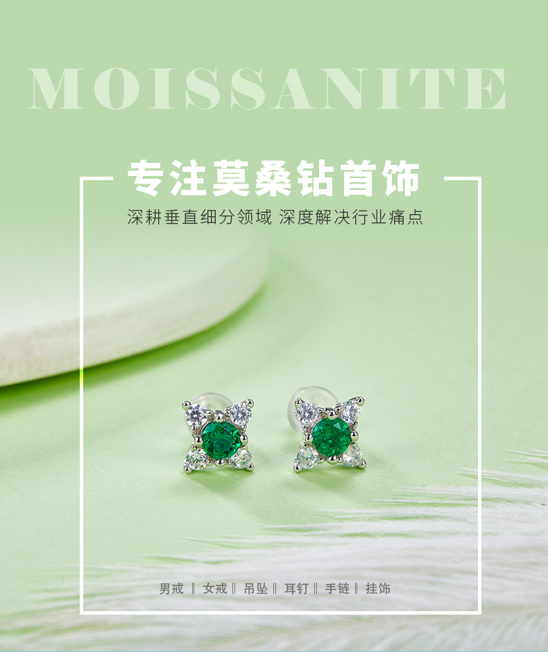 E0135款925银镀18K白金圆形培育祖母绿耳钉 - 1